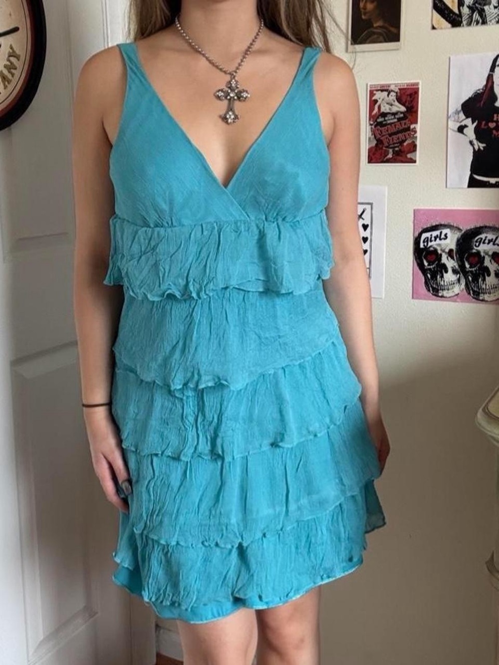 Blue Ruffled Tiered V-Neck Women's Dress